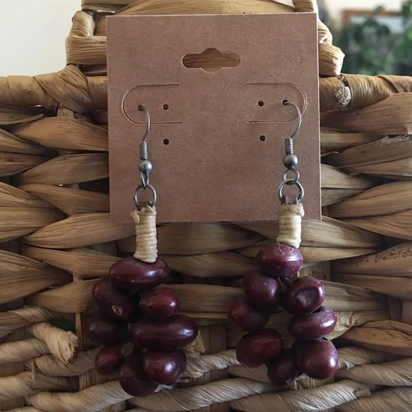 Boho natural bean dangle fish hook earrings - Picture 2 of 4